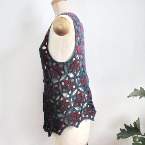 Vintage Crochet Vest Teal and Burgundy - Picture 4 of 6